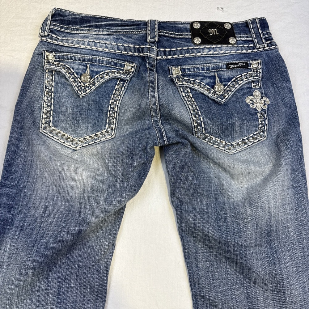 Miss Me Jeans Boot WOMENS 29/34 Embroidered Fleur De Lis EMBELISHED WHISKERING